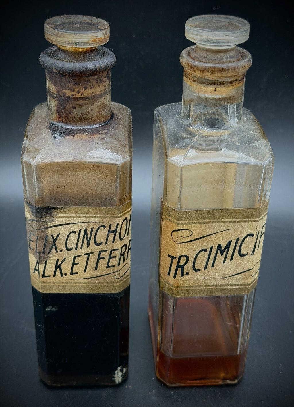 Pair Antique Apothecary Bottles Tincture Cimicifuga & Elixir Cinchona