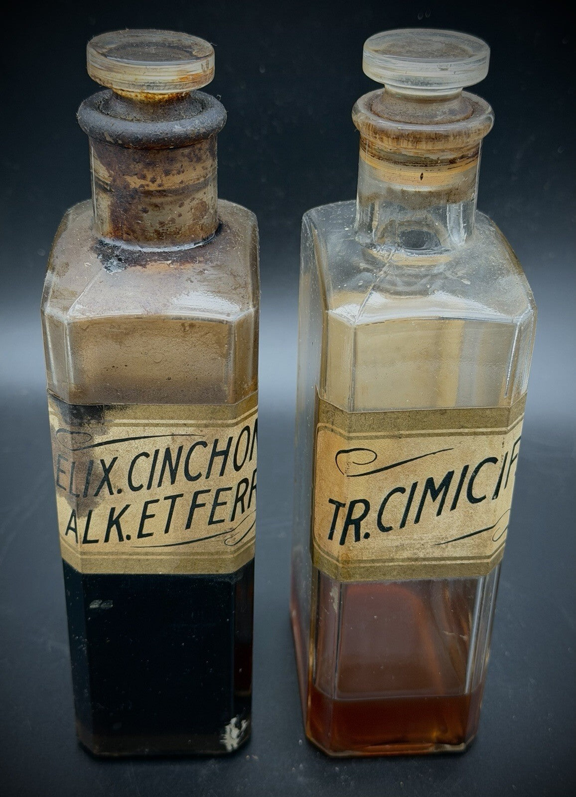Pair Antique Apothecary Bottles Tincture Cimicifuga & Elixir Cinchona