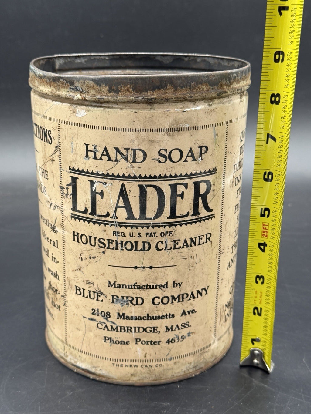 Antique Advertising Leader Hand Soap Tin Can Blue Bird Company Cambridge Mass 8”