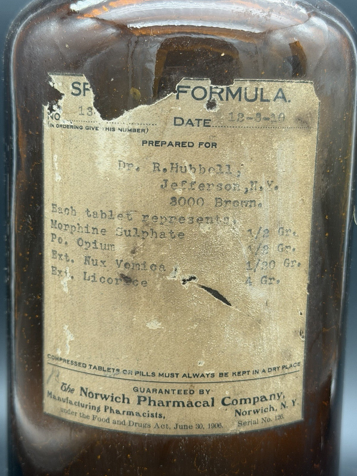 Antique 1910 Norwich NY Pharmacal Bottle Morphine Opium Label Dr Hubbell 9.5"
