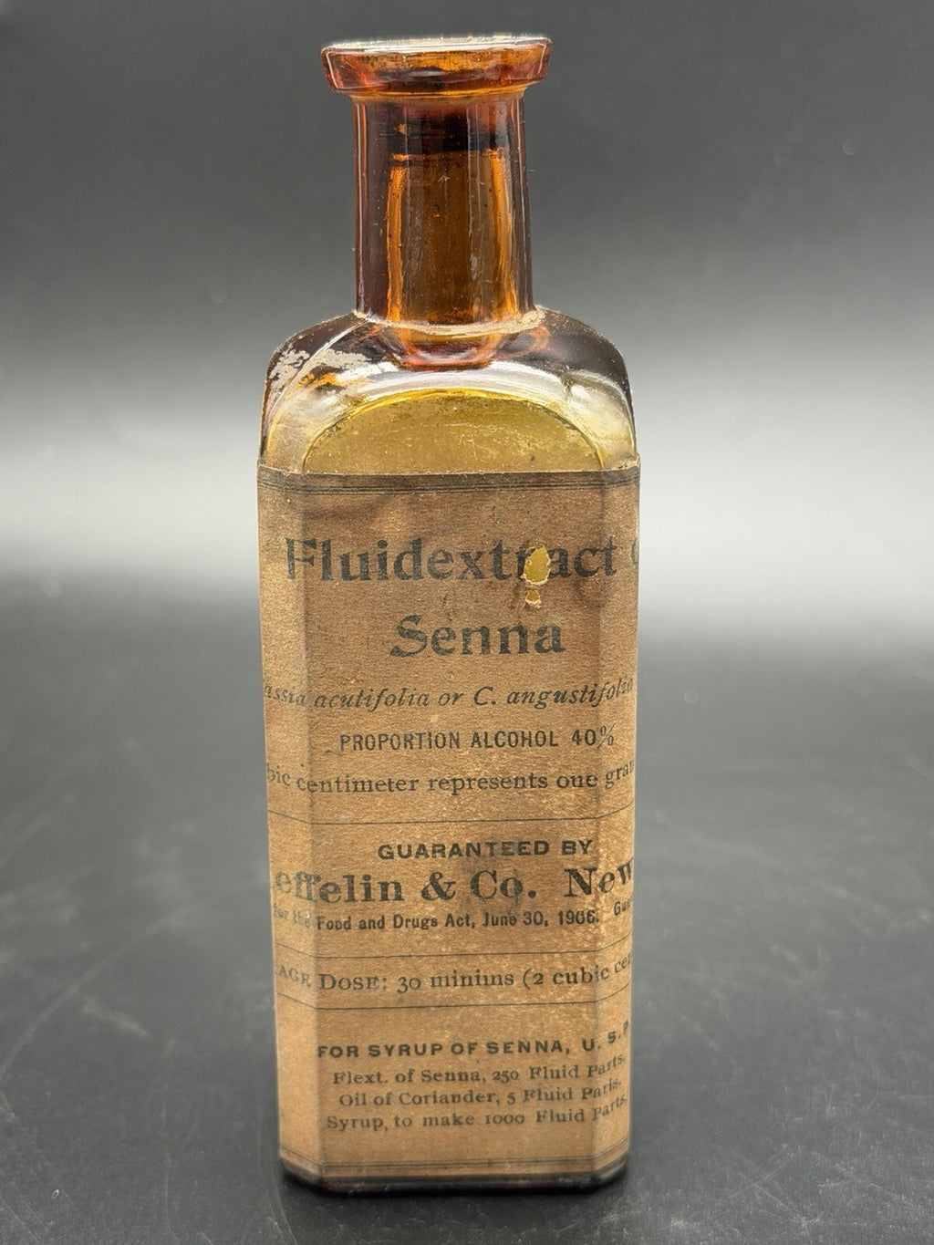 Antique Schieffelin & Co Fluidextract Senna Amber Medicine Bottle Original Label