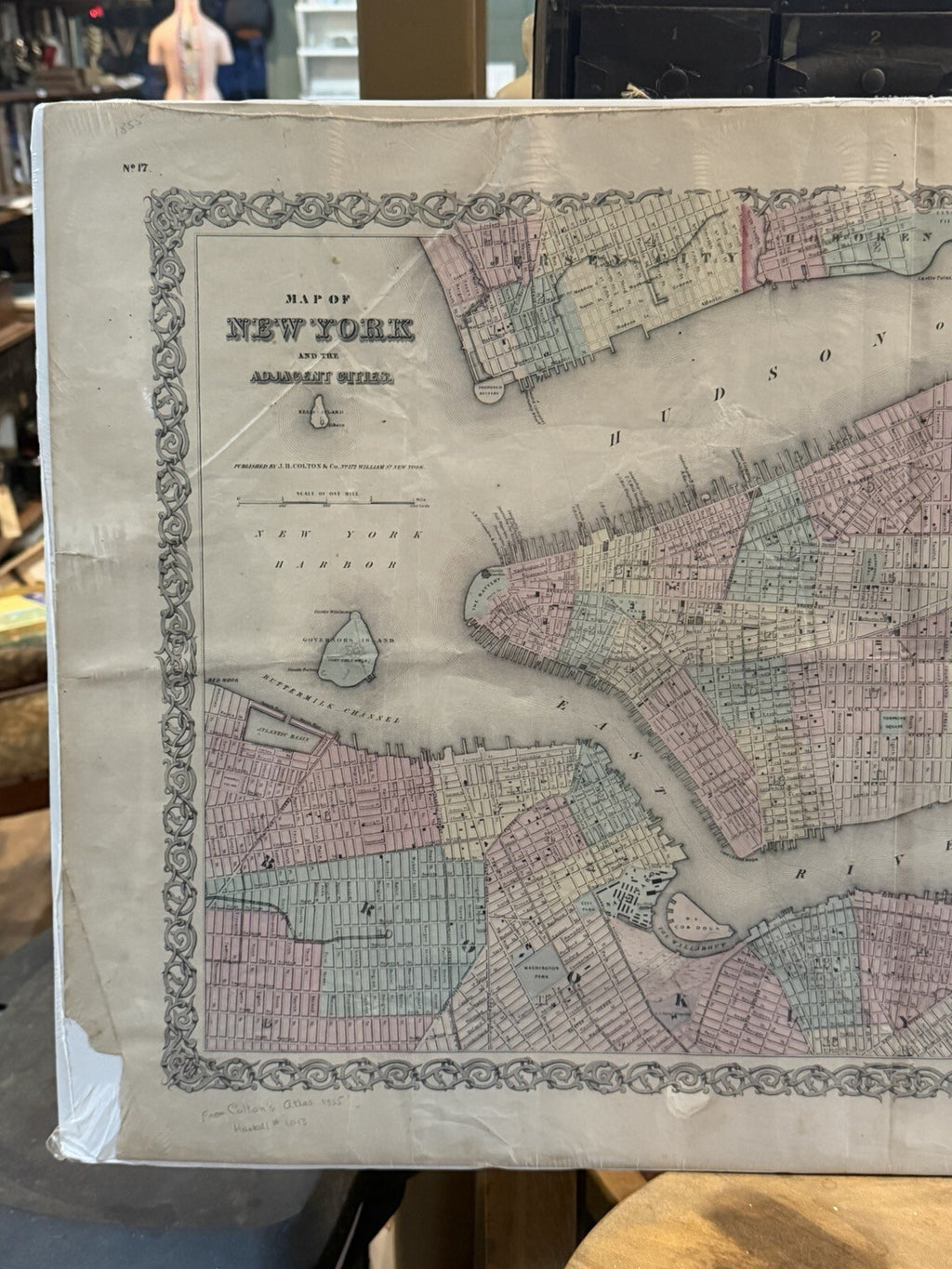 1855 J.H. Colton Antique Map of New York & Adjacent Cities Original Hand Color