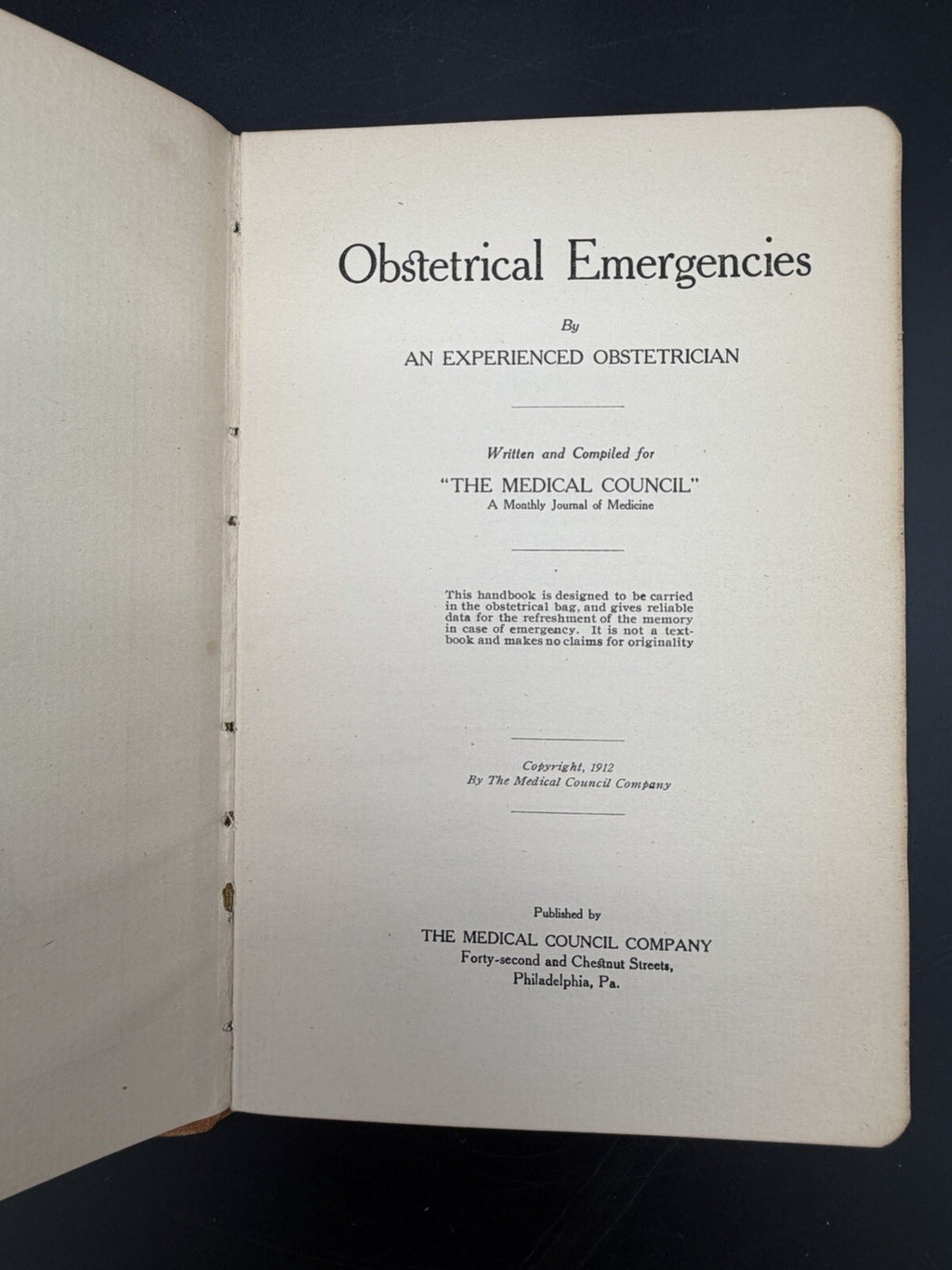 1912 Obstetrical Emergencies Handbook with 1918 Medical Council Letter