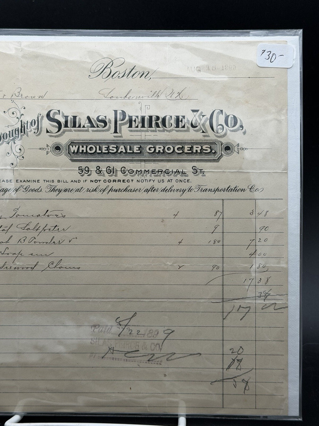 1889 Silas Peirce and Co. Invoice – Boston MA Wholesale Grocers Ephemera Billhead
