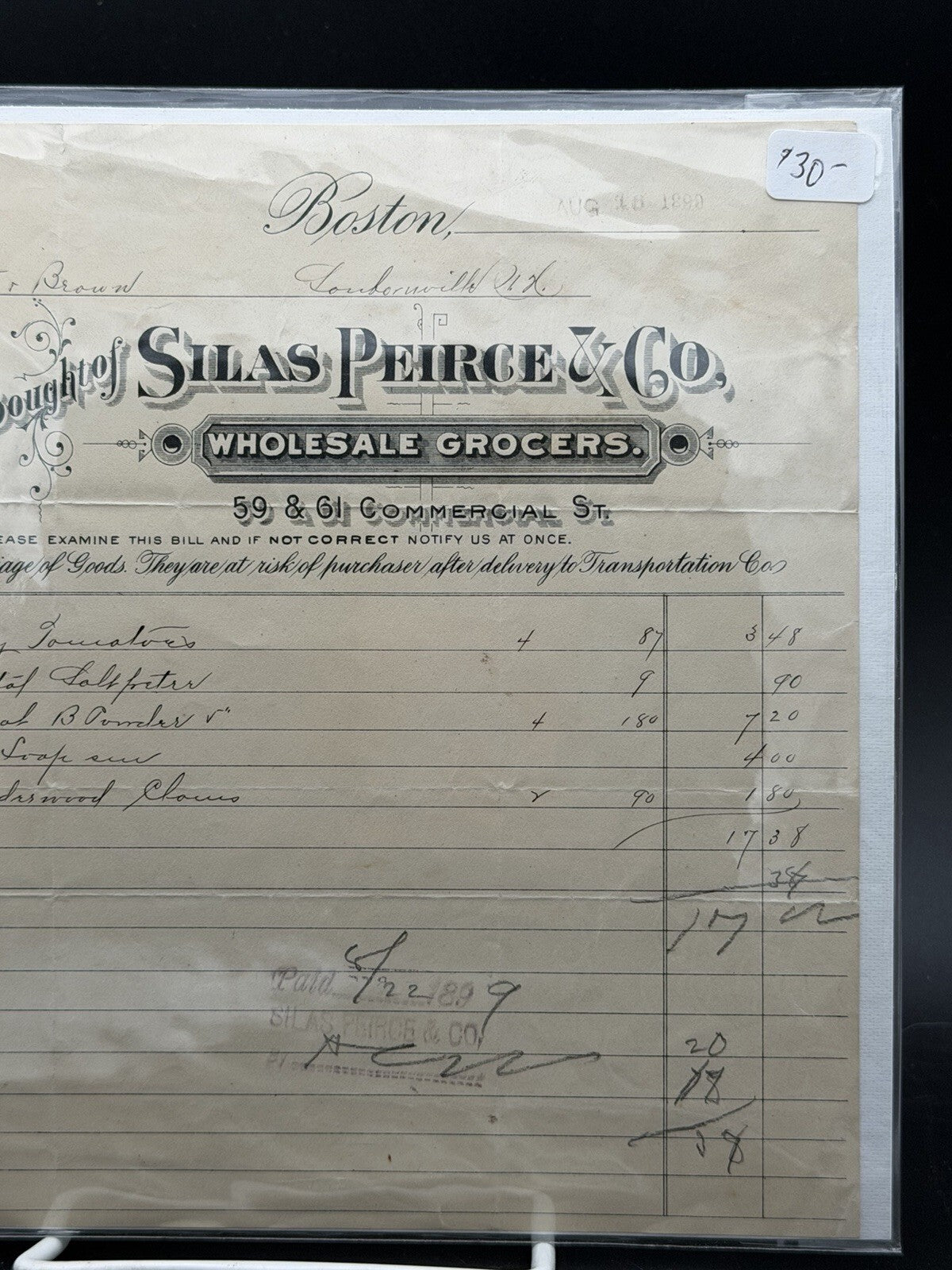 1889 Silas Peirce and Co. Invoice – Boston MA Wholesale Grocers Ephemera Billhead