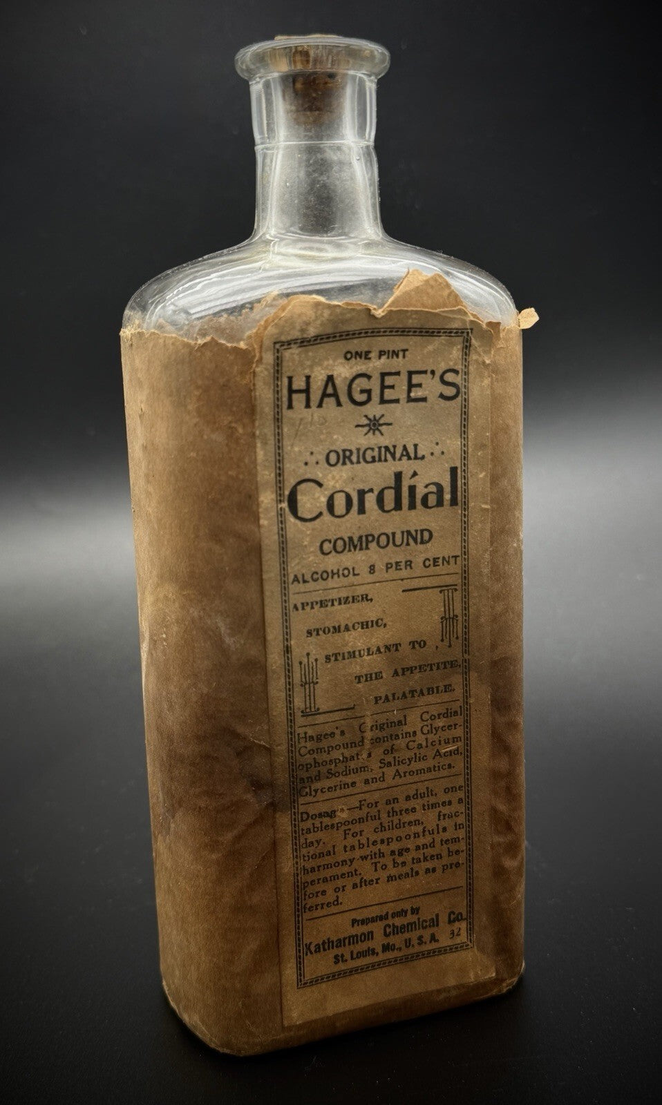 Antique Hagee's Original Cordial Medicine Bottle Paper Wrapper Katharmon Co.