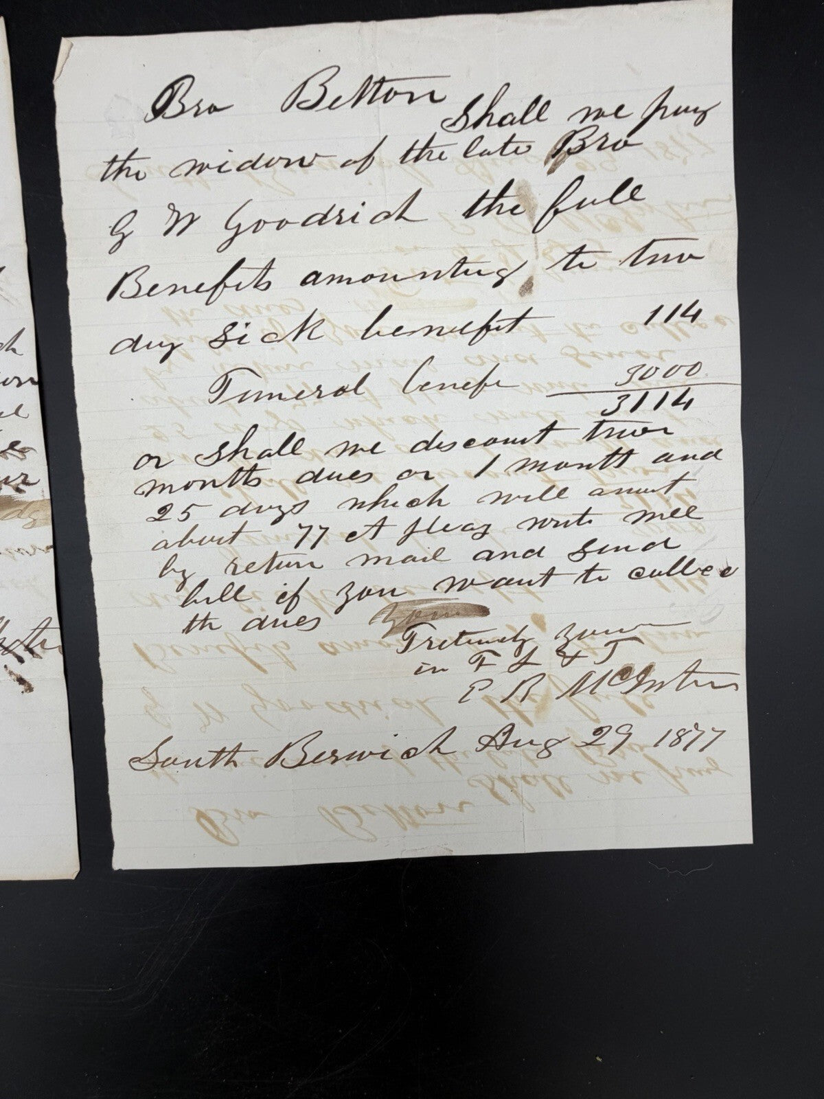 1877 I.O.O.F. Fraternal Correspondence - Funeral Arrangements South Berwick ME