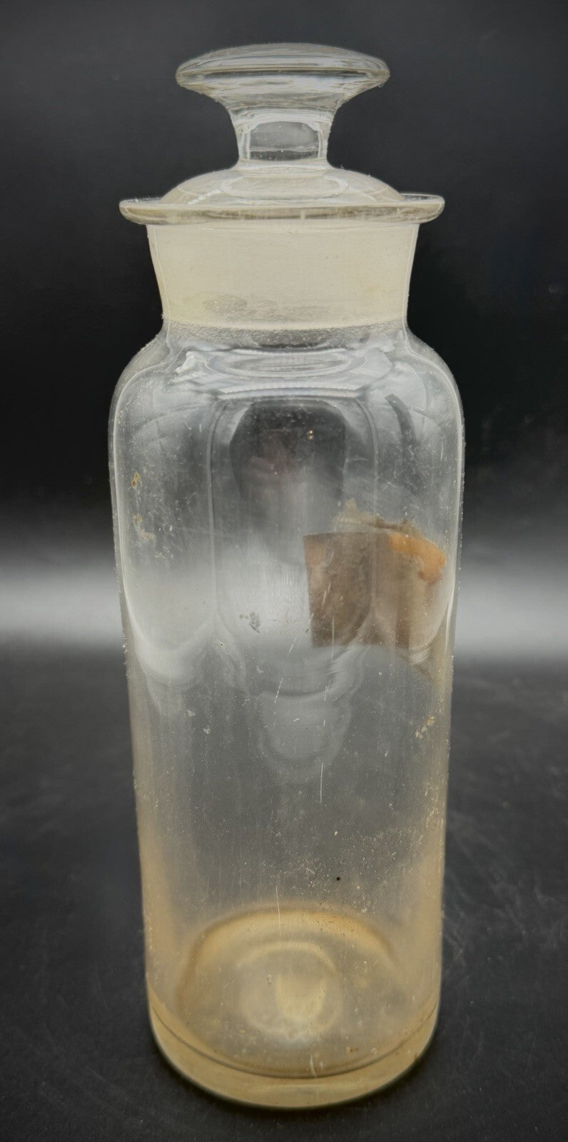 Antique Vintage Glass Apothecary Bottle "Arabic" Label w/ Ground Glass Stopper