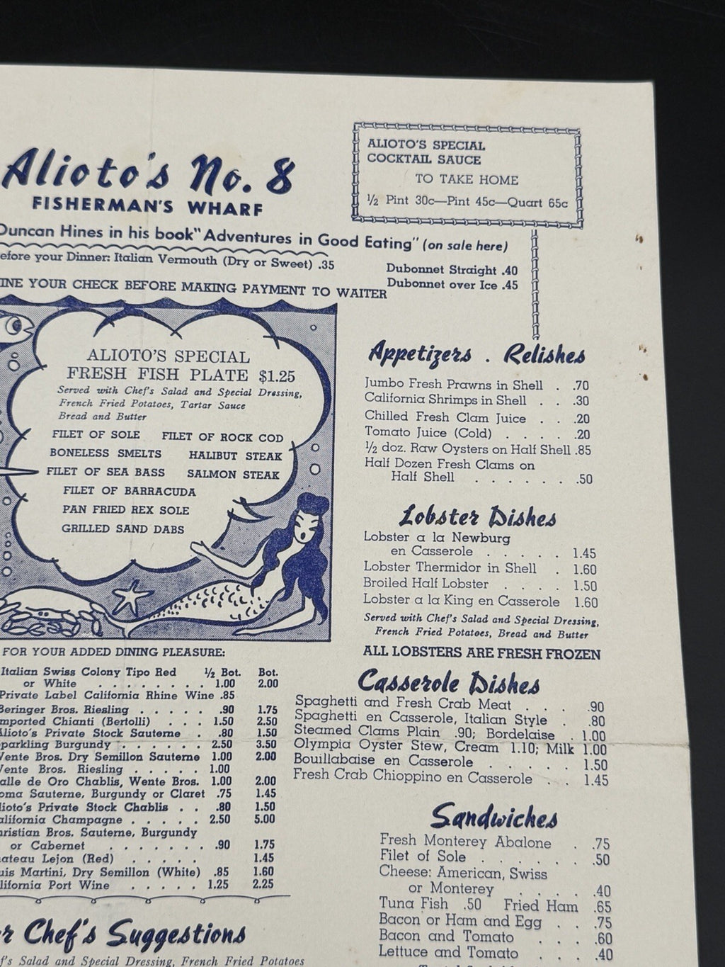 Original 1949 Alioto's No. 8 Fisherman's Wharf Restaurant Menu San Francisco