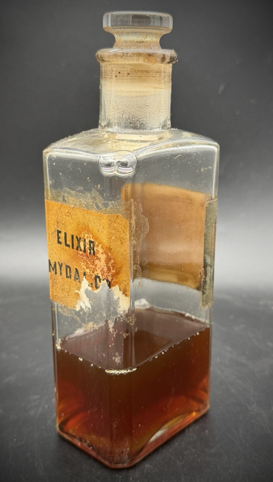 Antique Apothecary "Elix. Amygdal. Co." Old Pharmacy Bottle with Glass Stopper