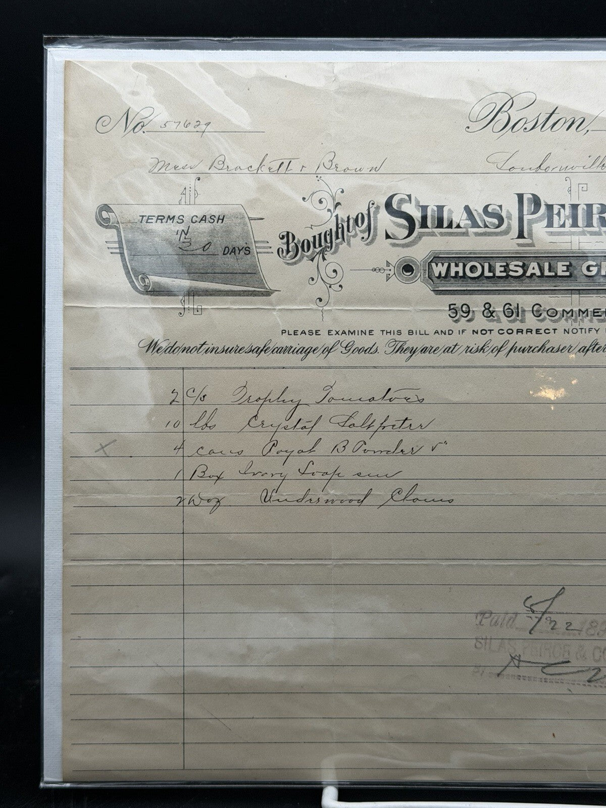 1889 Silas Peirce and Co. Invoice – Boston MA Wholesale Grocers Ephemera Billhead