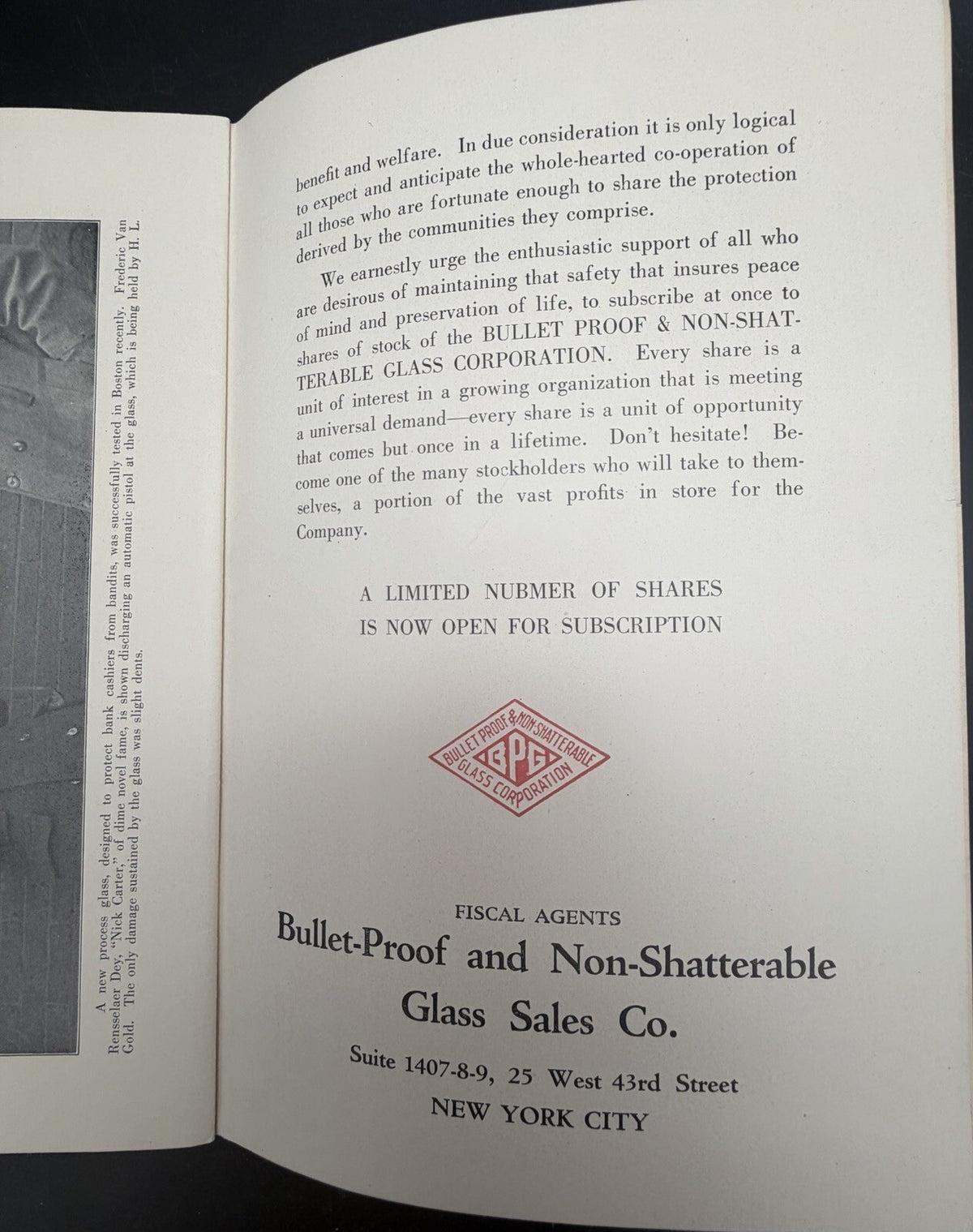 1921 Bullet-Proof & Non-Shatterable Glass Corp Stock Prospectus Pamphlet