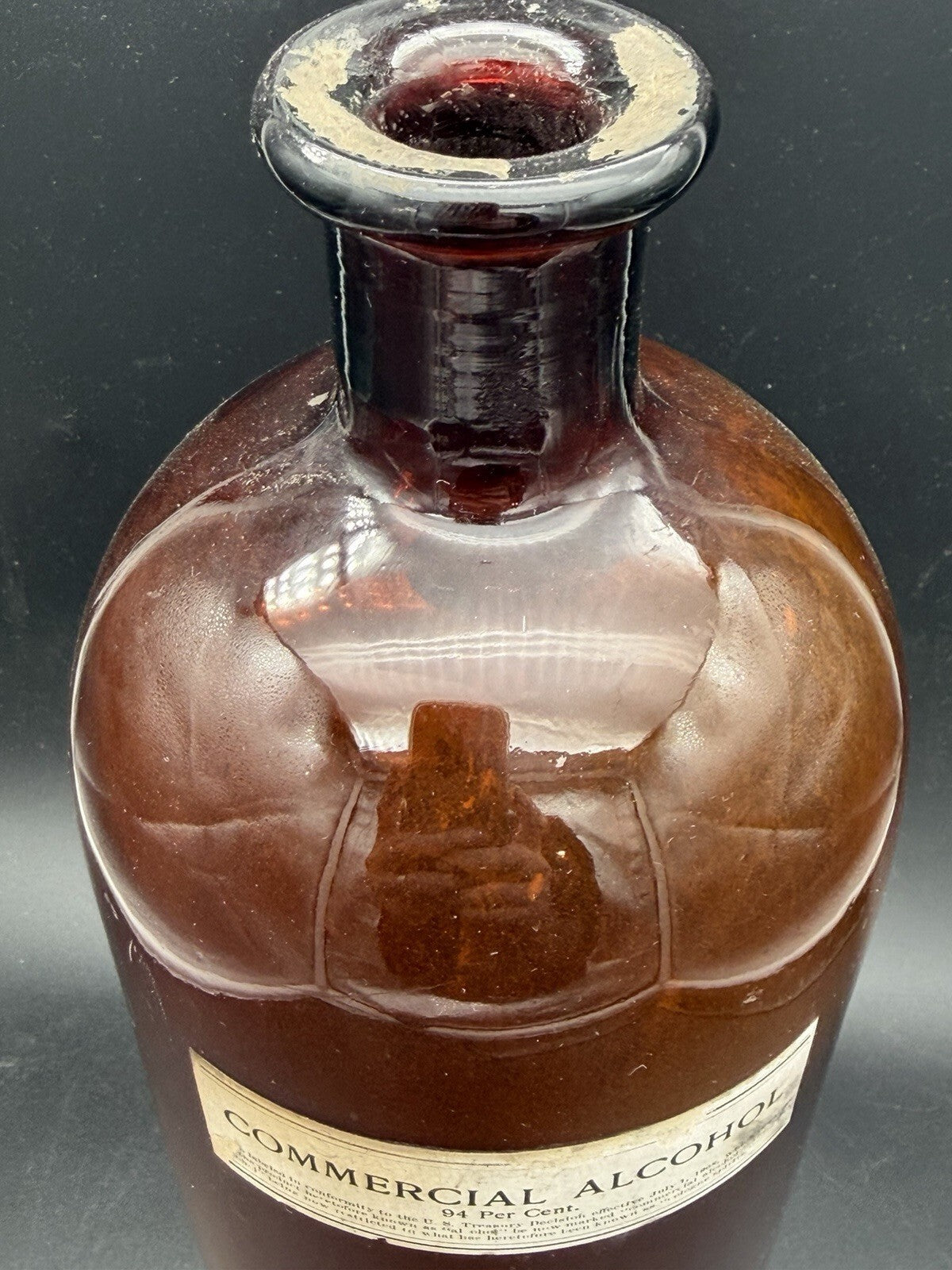 Antique Amber Glass Apothecary Bottle Commercial Alcohol 94% Label 1908 11.5