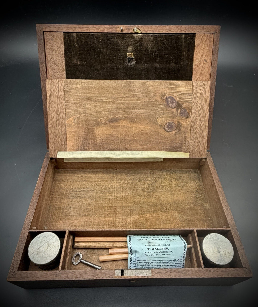 Antique 19th Century Wooden Writing Box T. Walters Chemist Ink Powder & Pen Set