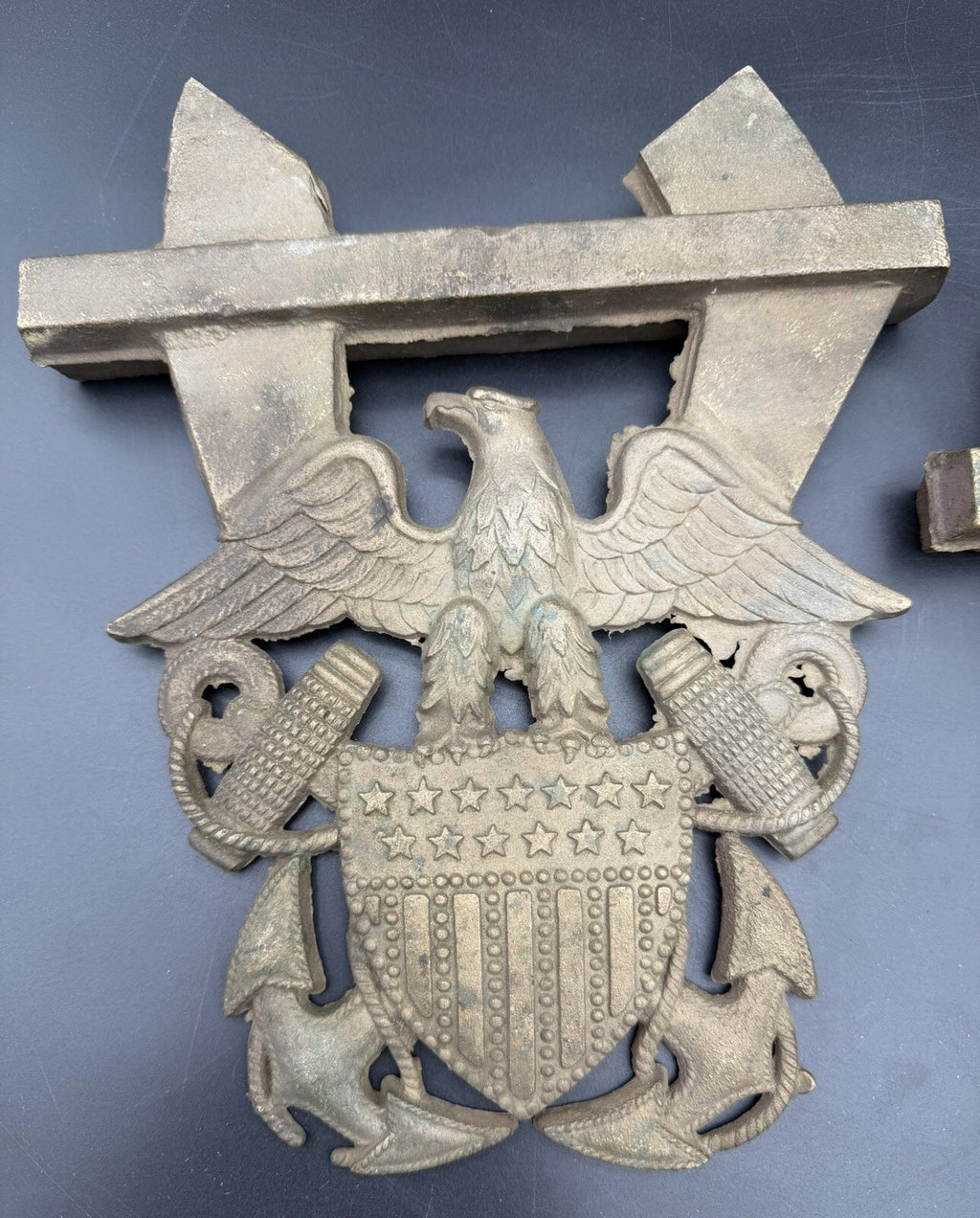 Pair Vintage Cast Brass US Navy Anchor Eagle Shield Wall Plaques 10" Crest