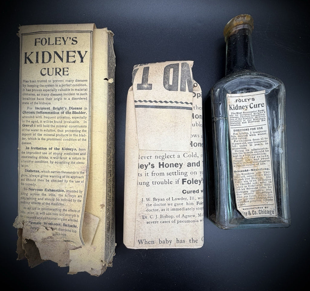 Antique Foley’s Kidney Cure Medicine Bottle with Original Box & Paperwork