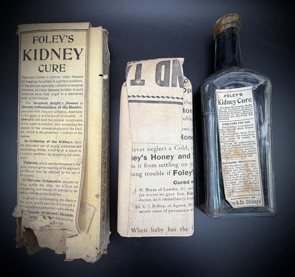 Antique Foley’s Kidney Cure Medicine Bottle with Original Box & Paperwork