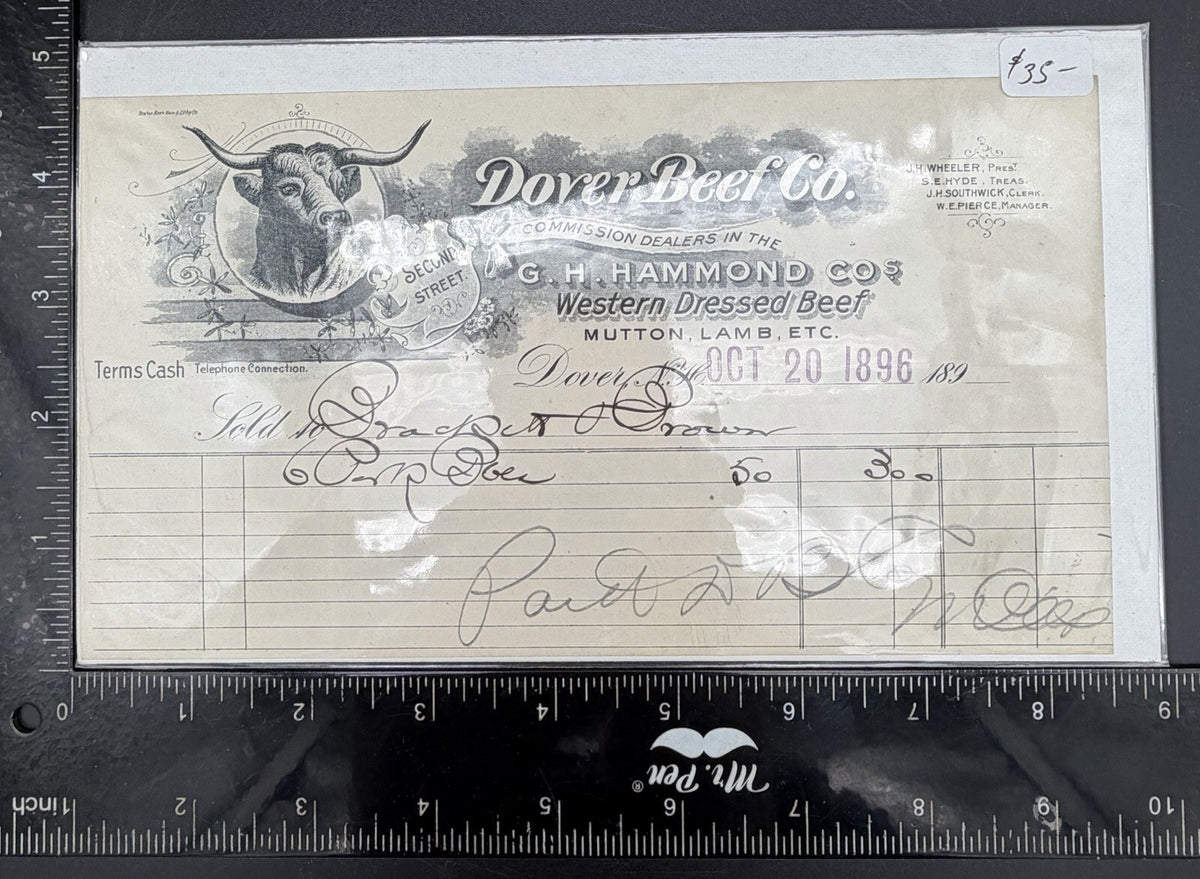 1896 Dover Beef Co. Invoice – G.H. Hammond Co. NH Butcher Ephemera Longhorn Art