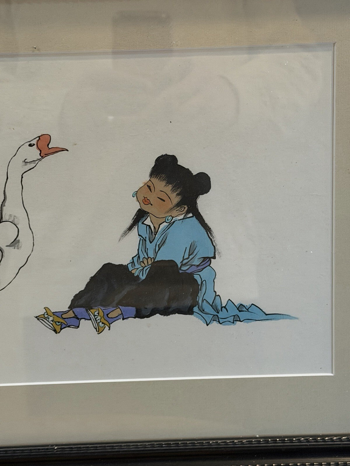Framed Chinese Watercolor Painting "Ode to the Goose" Yong E Signed Seal 20.5x15
