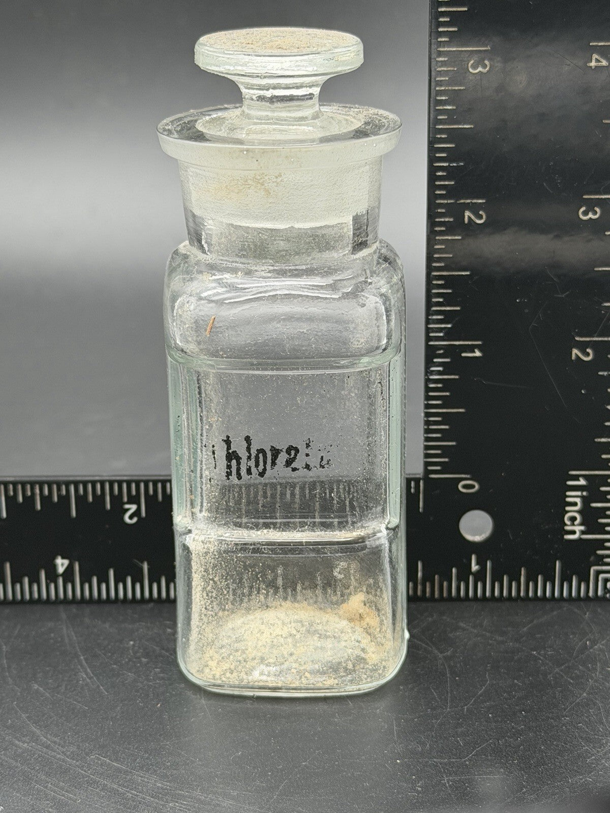 Antique Glass Apothecary Bottle Matching Ground Stopper Chlorate Label Vintage