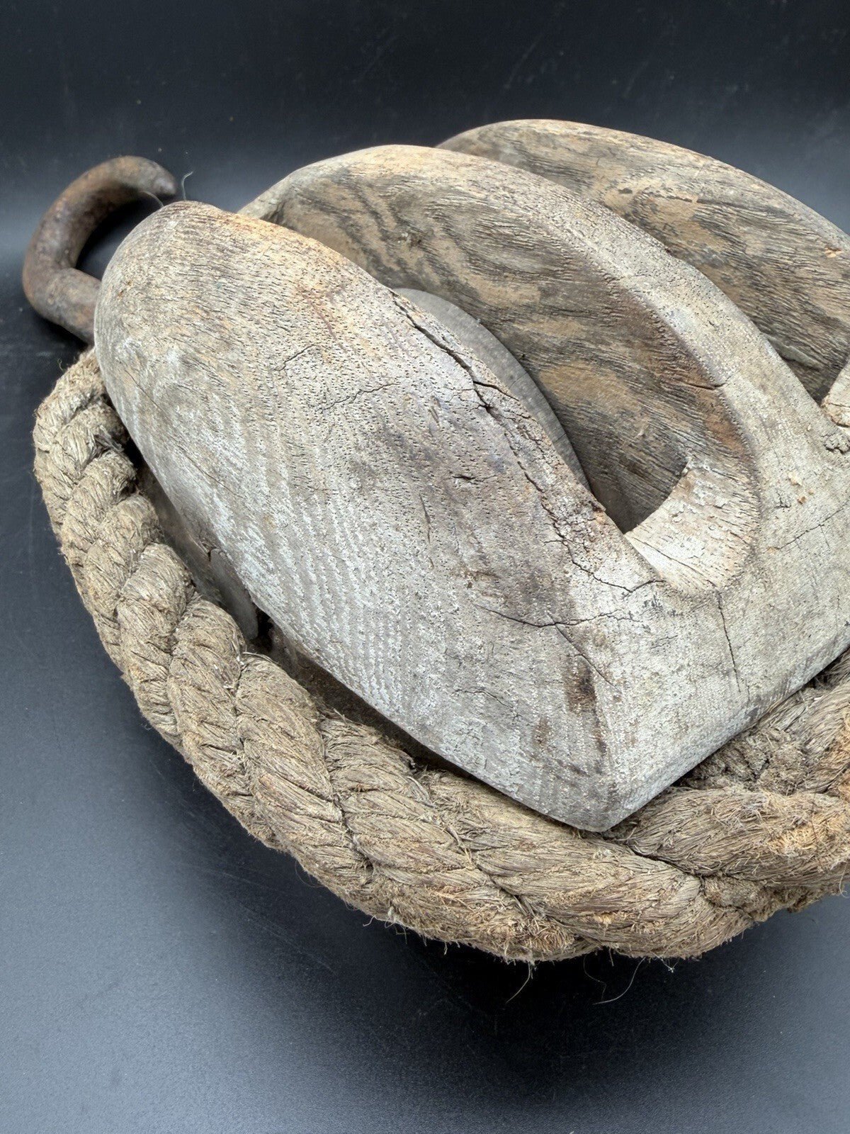 Antique Rope Stropped Wooden Double Pulley Block Forged Iron Hook Barn Salvage