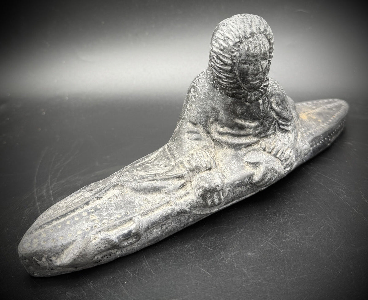 Vintage Inuit Style Soapstone Carving Eskimo Hunter in Kayak Sculpture