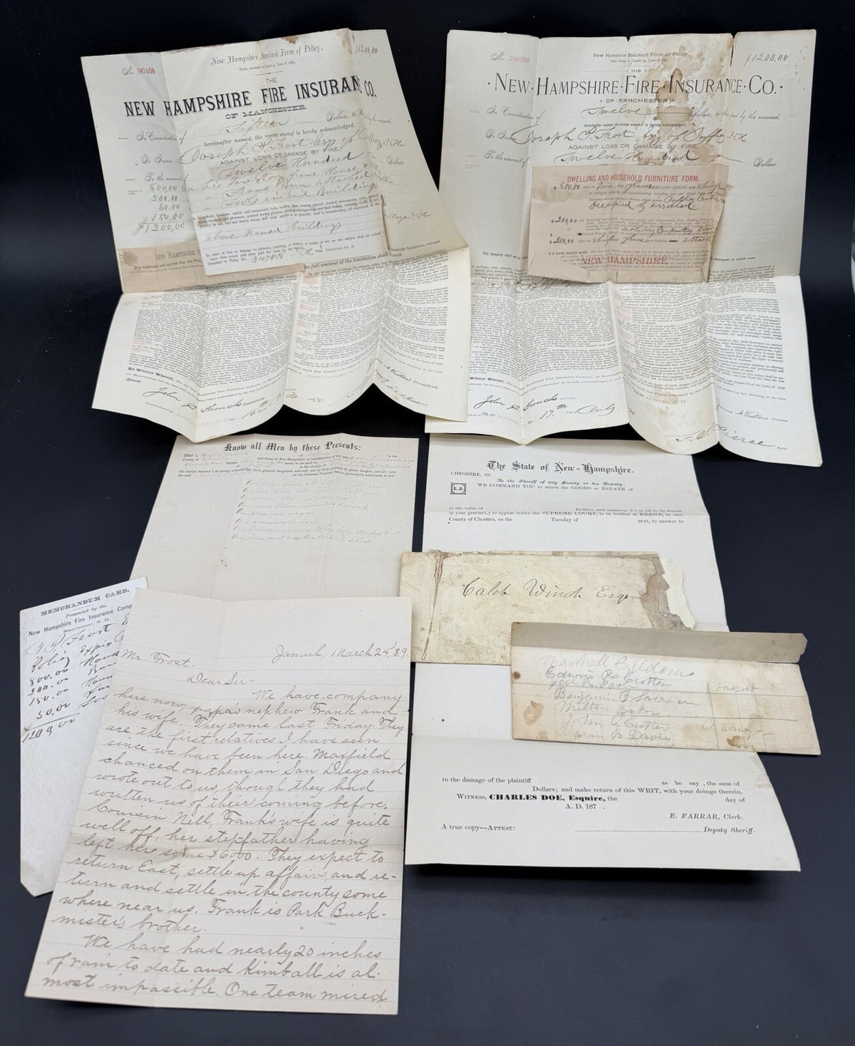 Antique 1880s NH Ephemera Lot: Insurance Policies, Handwritten Letter, Legal Doc