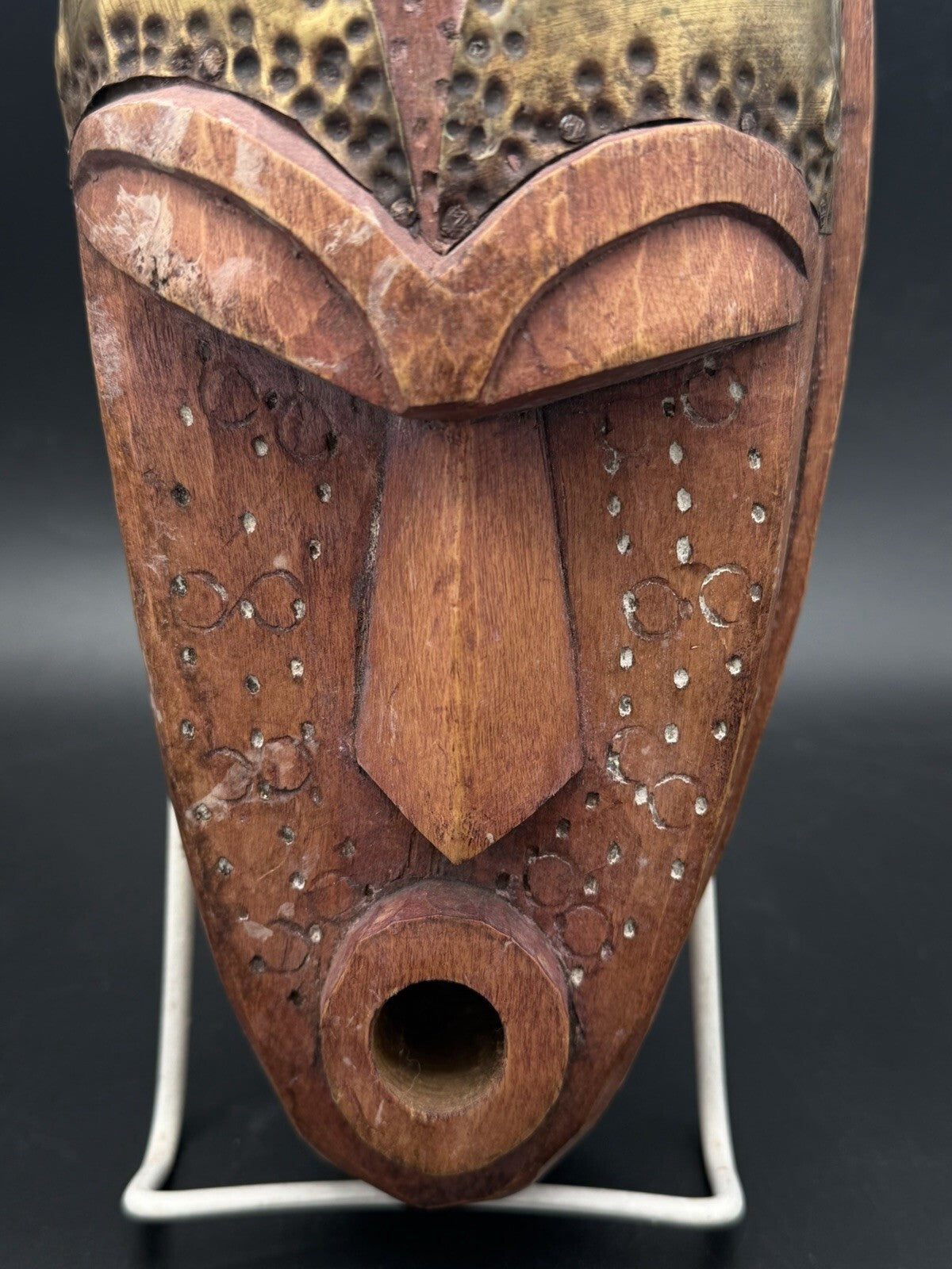 Hand Carved African Wood Mask Brass Metal Inlay Wall Art Decor Made in Ghana 11"