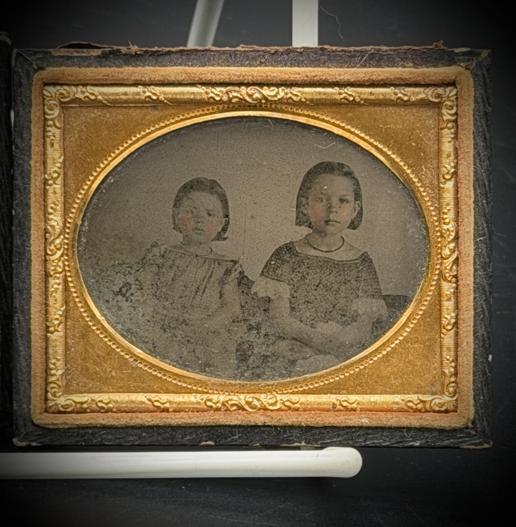 1850s Ambrotype Two Girls Sisters Tinted Embossed Leather Case 1/6 Photo Vtg