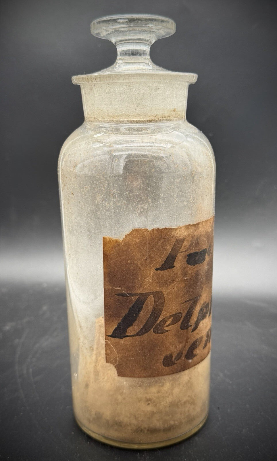 Antique Apothecary Jar Glass Stopper Paper Label Delphinium Pharmacy Bottle