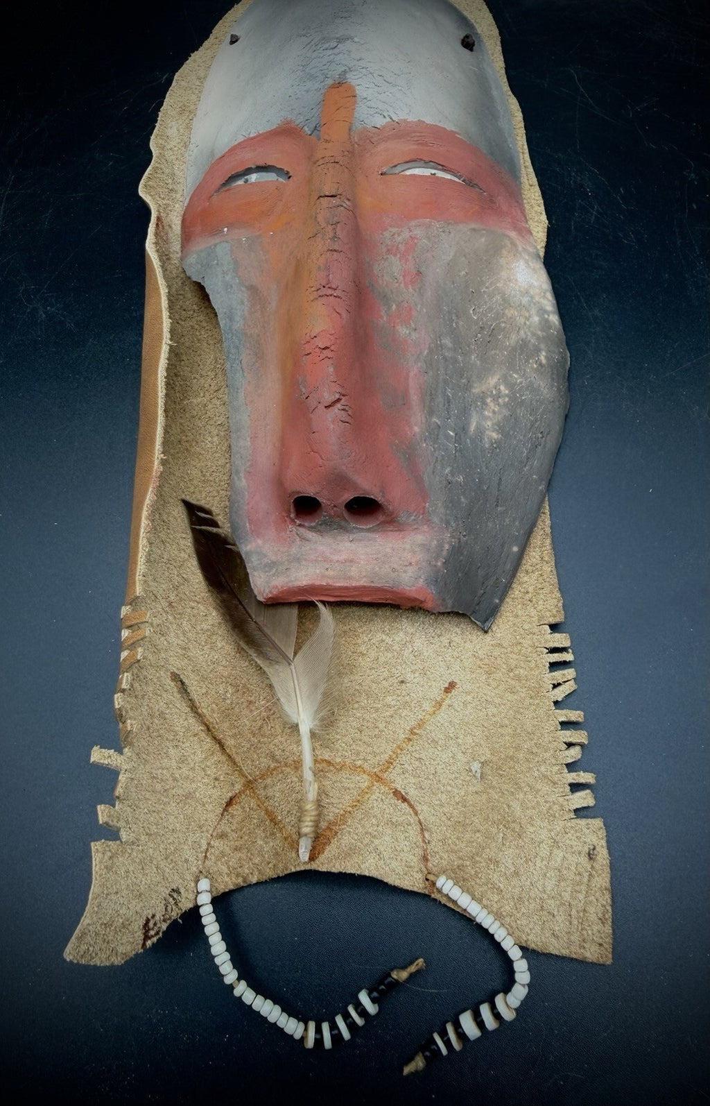 Handmade Clay Face Mask Leather Beaded Feather Wall Hanging Folk Art