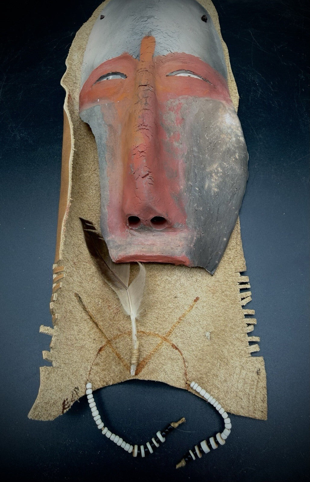 Handmade Clay Face Mask Leather Beaded Feather Wall Hanging Folk Art