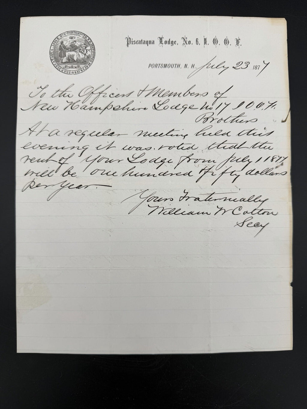 1877 I.O.O.F. Rental Notice - Piscataqua Lodge, Portsmouth, NH Paper Ephemera