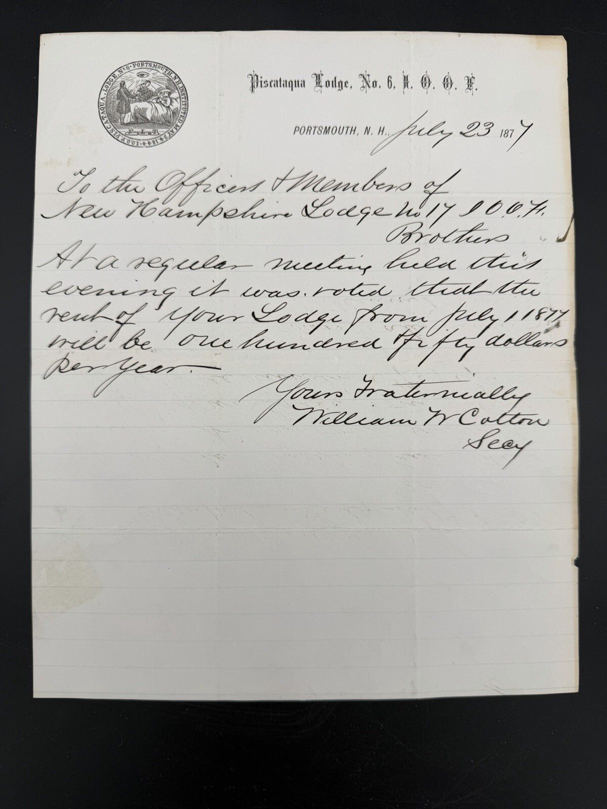 1877 I.O.O.F. Rental Notice - Piscataqua Lodge, Portsmouth, NH Paper Ephemera