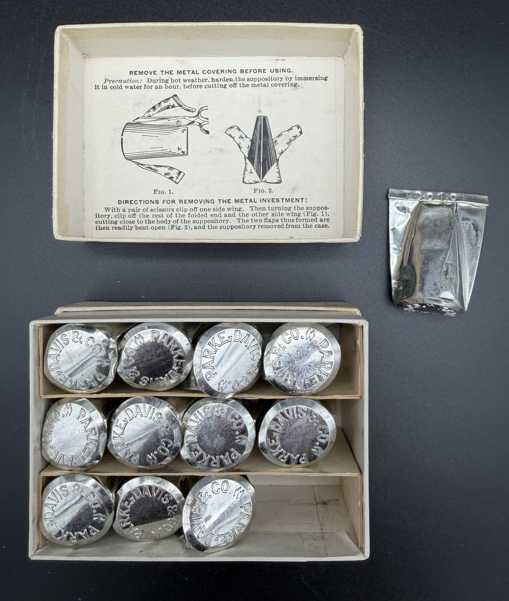 Antique Parke Davis and Co. Metal Foil Suppository Box with Inserts