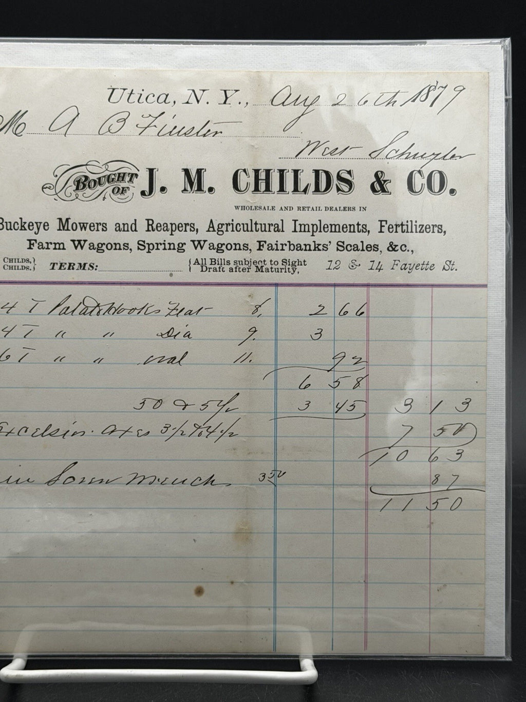 1879 J.M. Childs and Co. Invoice Billhead – Utica NY Buckeye Mower Farm Implements Art