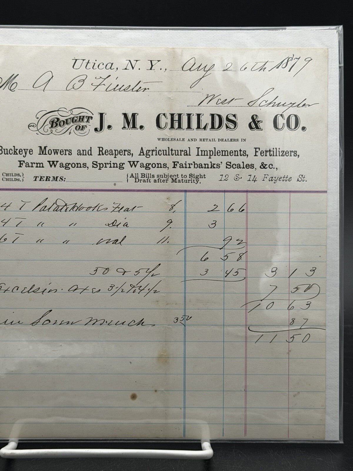 1879 J.M. Childs and Co. Invoice Billhead – Utica NY Buckeye Mower Farm Implements Art
