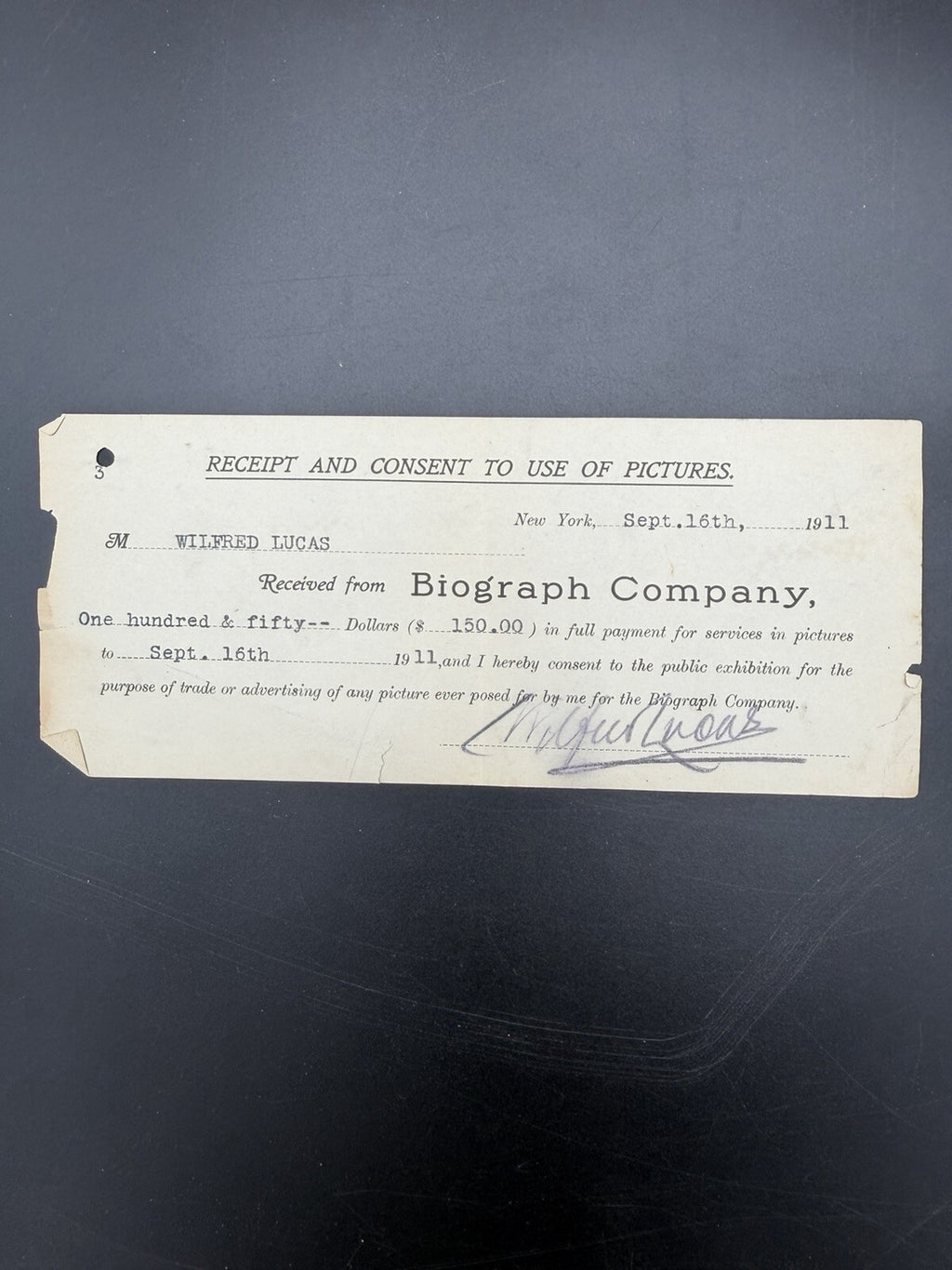 Original 1911 Biograph Company Receipt Signed by Actor Wilfred Lucas Silent Film