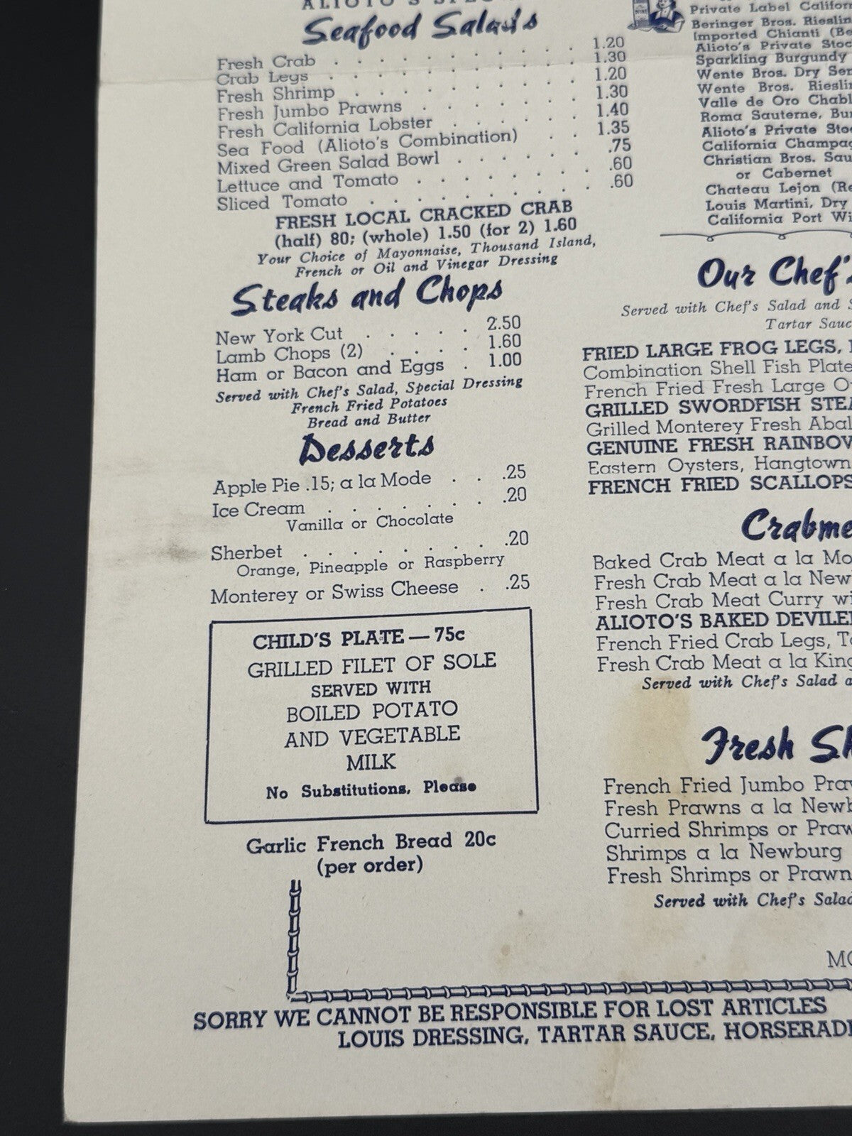 Original 1949 Alioto's No. 8 Fisherman's Wharf Restaurant Menu San Francisco