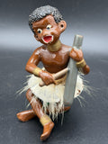 Vintage Mid Century Islander Musician Figurine Grass Skirt Playing Drum Tiki