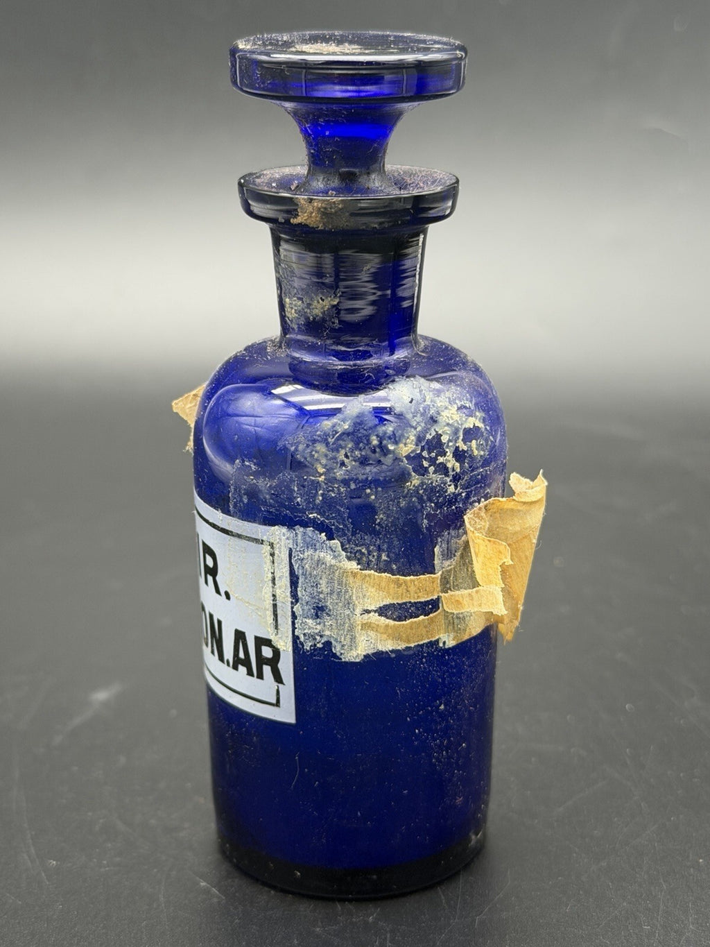 Antique Cobalt Blue Glass Apothecary Bottle Spir Ammon Arom W/ Stopper