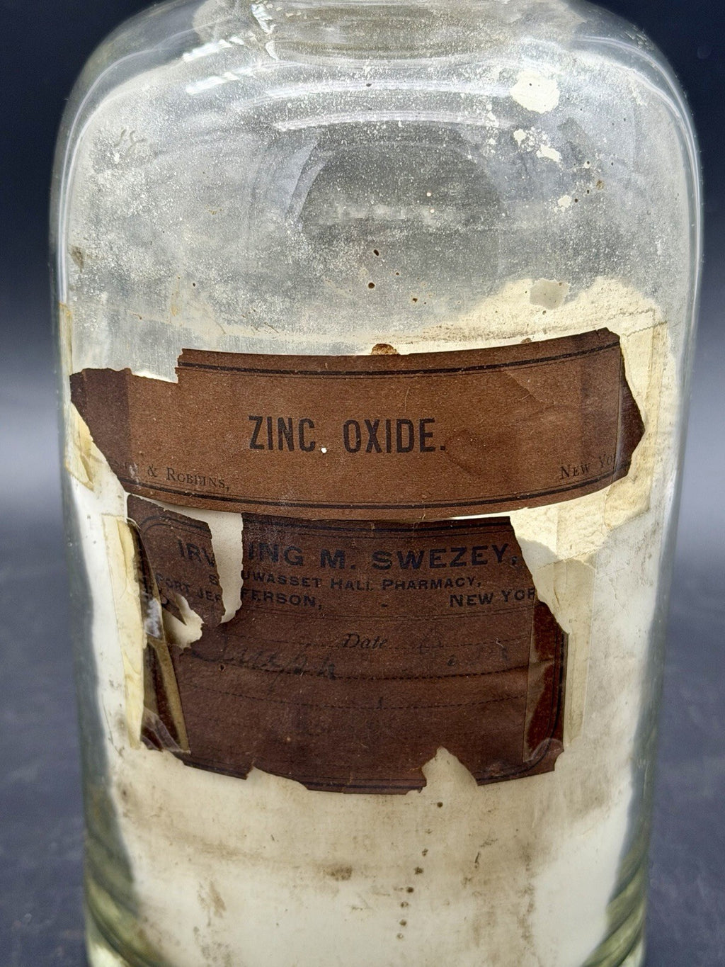 Antique Zinc Oxide Large Apothecary Bottle Glass Stopper Pharmacy Label New York