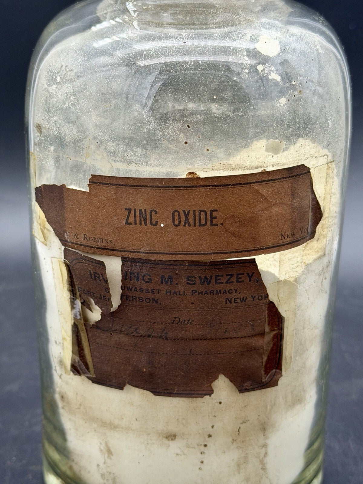 Antique Zinc Oxide Large Apothecary Bottle Glass Stopper Pharmacy Label New York