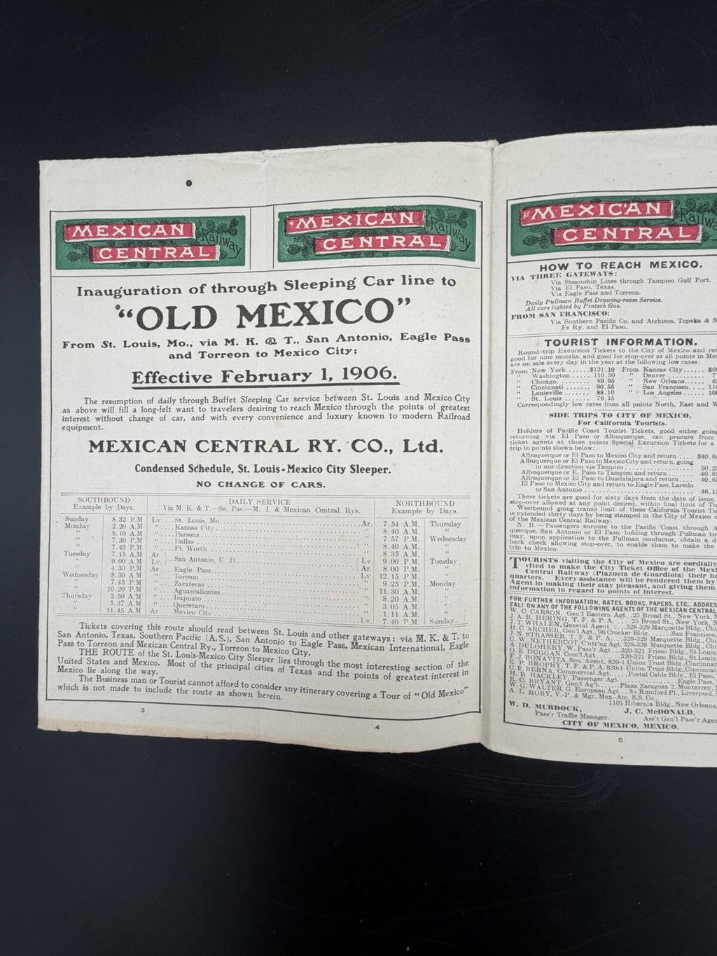 1906 Mexican Central Railway Ephemera Map & Schedule Vintage Railroad Ephemera