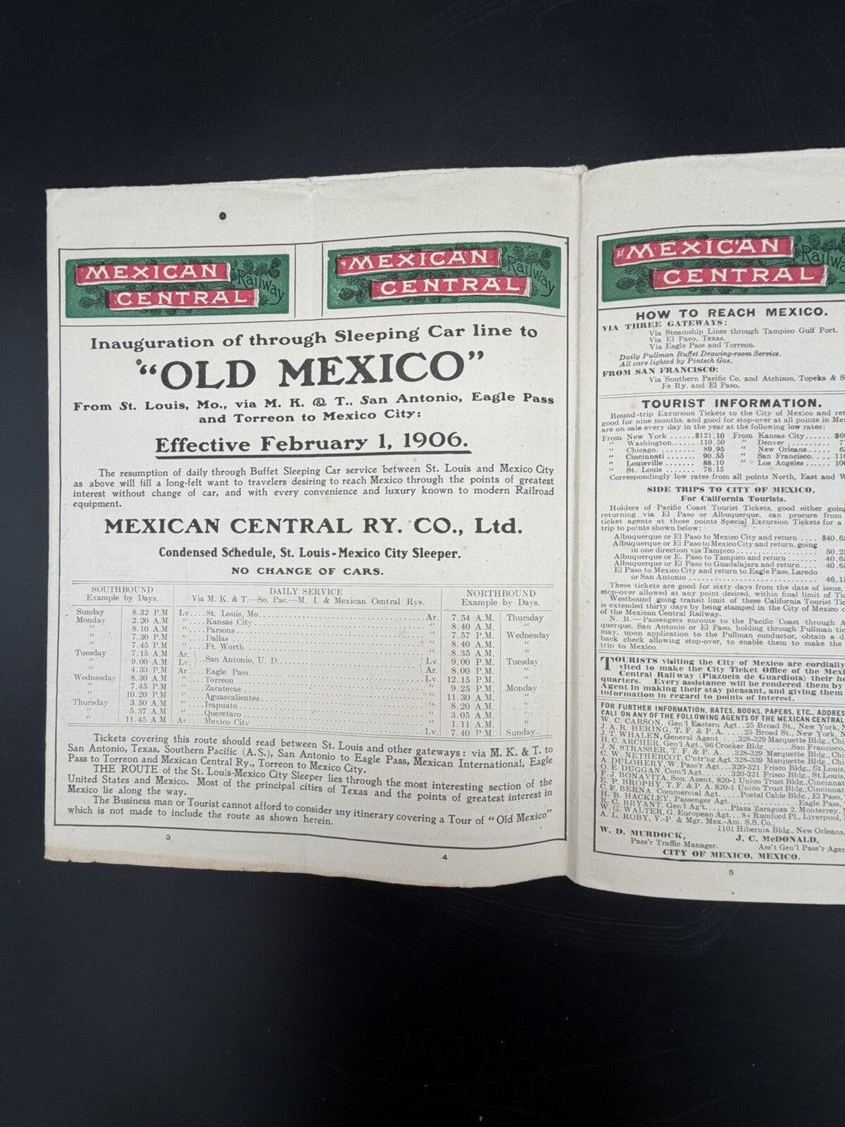 1906 Mexican Central Railway Ephemera Map & Schedule Vintage Railroad Ephemera