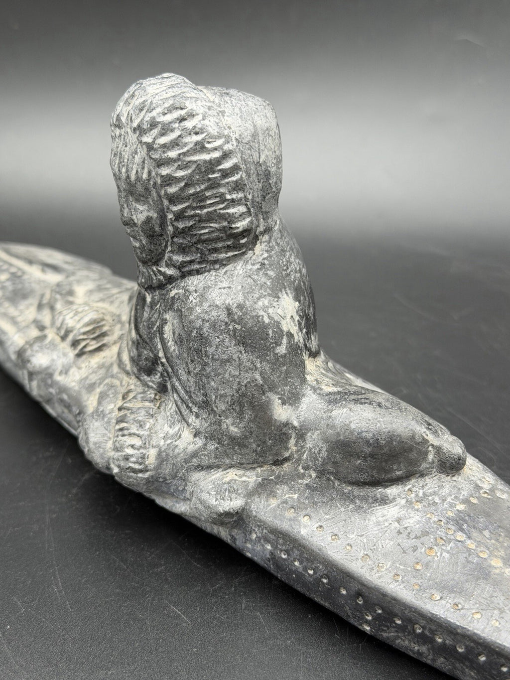Vintage Inuit Style Soapstone Carving Eskimo Hunter in Kayak Sculpture