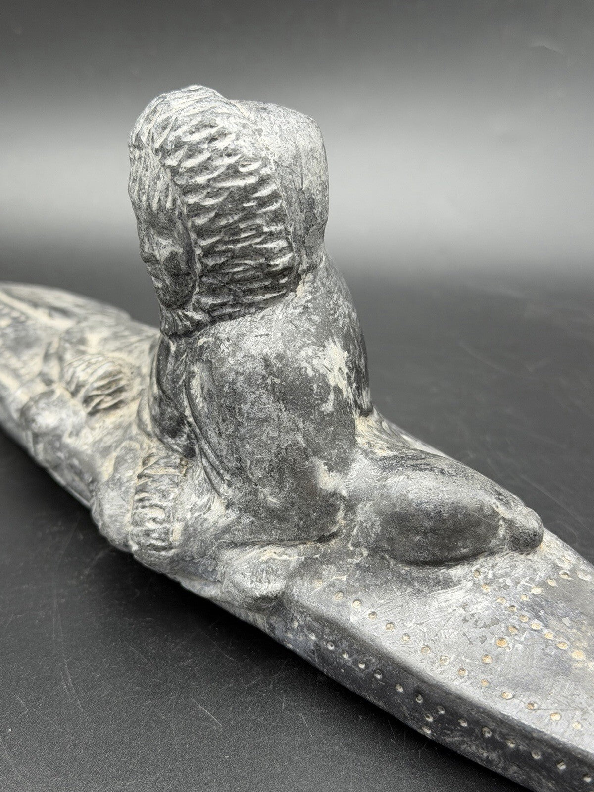 Vintage Inuit Style Soapstone Carving Eskimo Hunter in Kayak Sculpture
