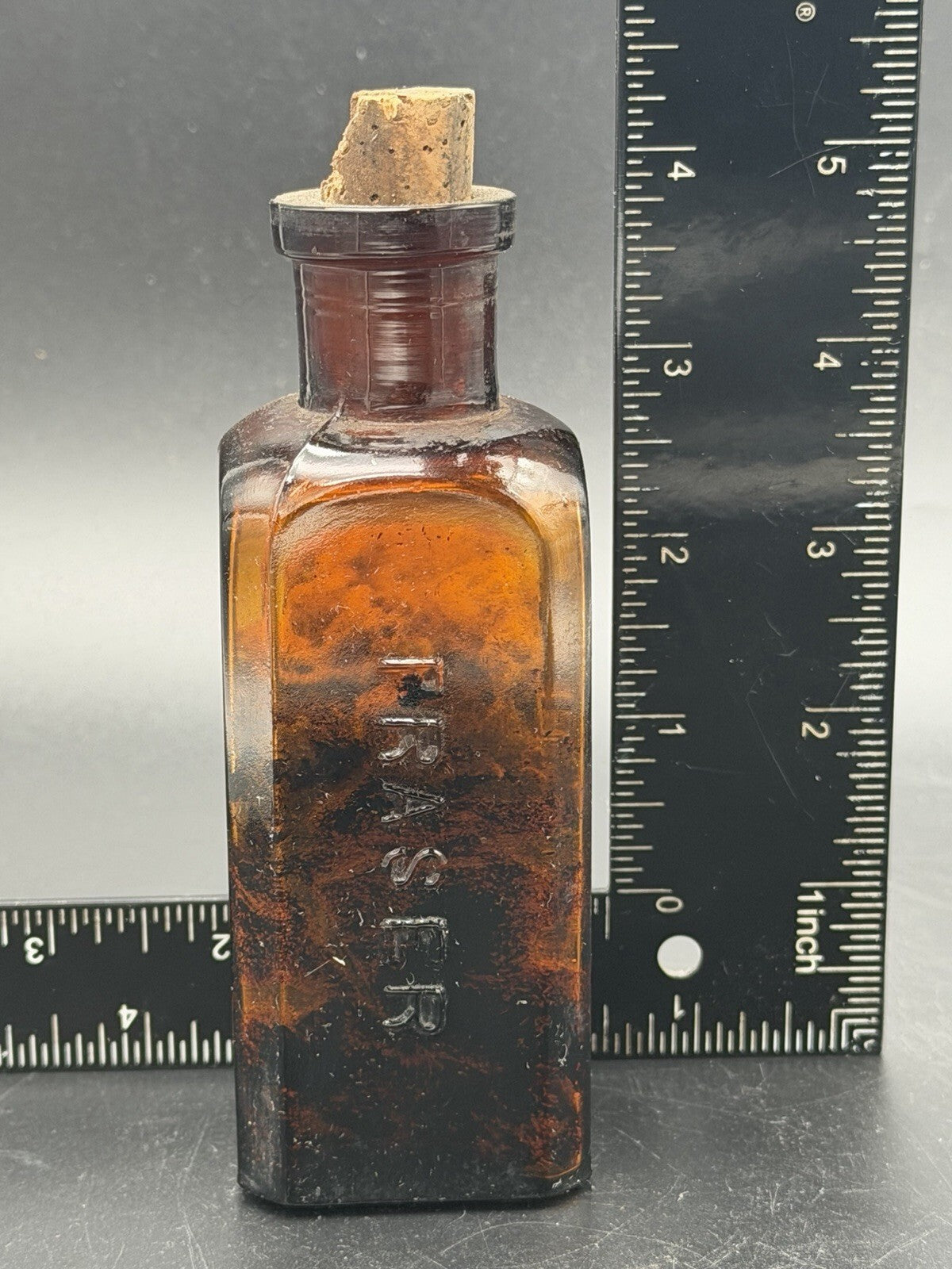 Antique Fraser Amber Glass Apothecary Bottle w/ Cork Stopper Quack Medicine