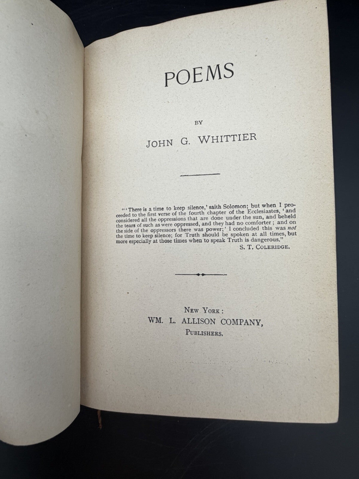 Antique Book, Poems John G. Whittier 19th C. Wm. L. Allison Co. Half Leather Bound