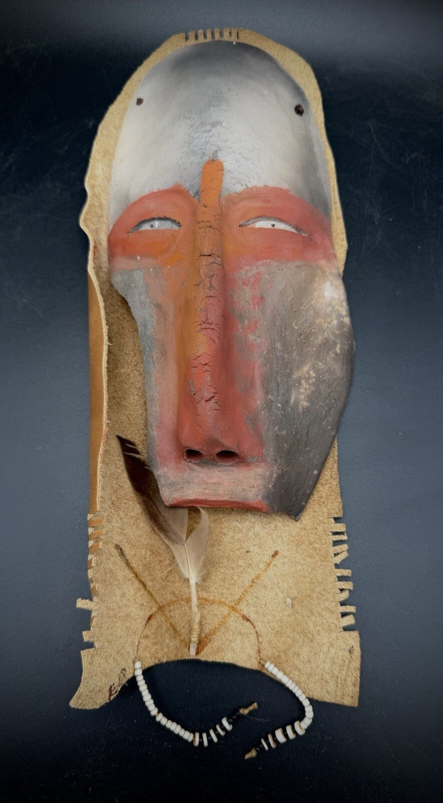 Handmade Clay Face Mask Leather Beaded Feather Wall Hanging Folk Art